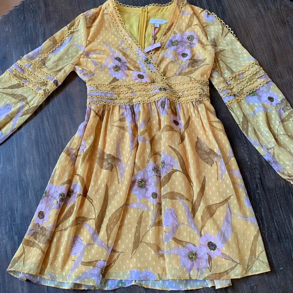 Ted Baker yellow long sleeve floral mini dress